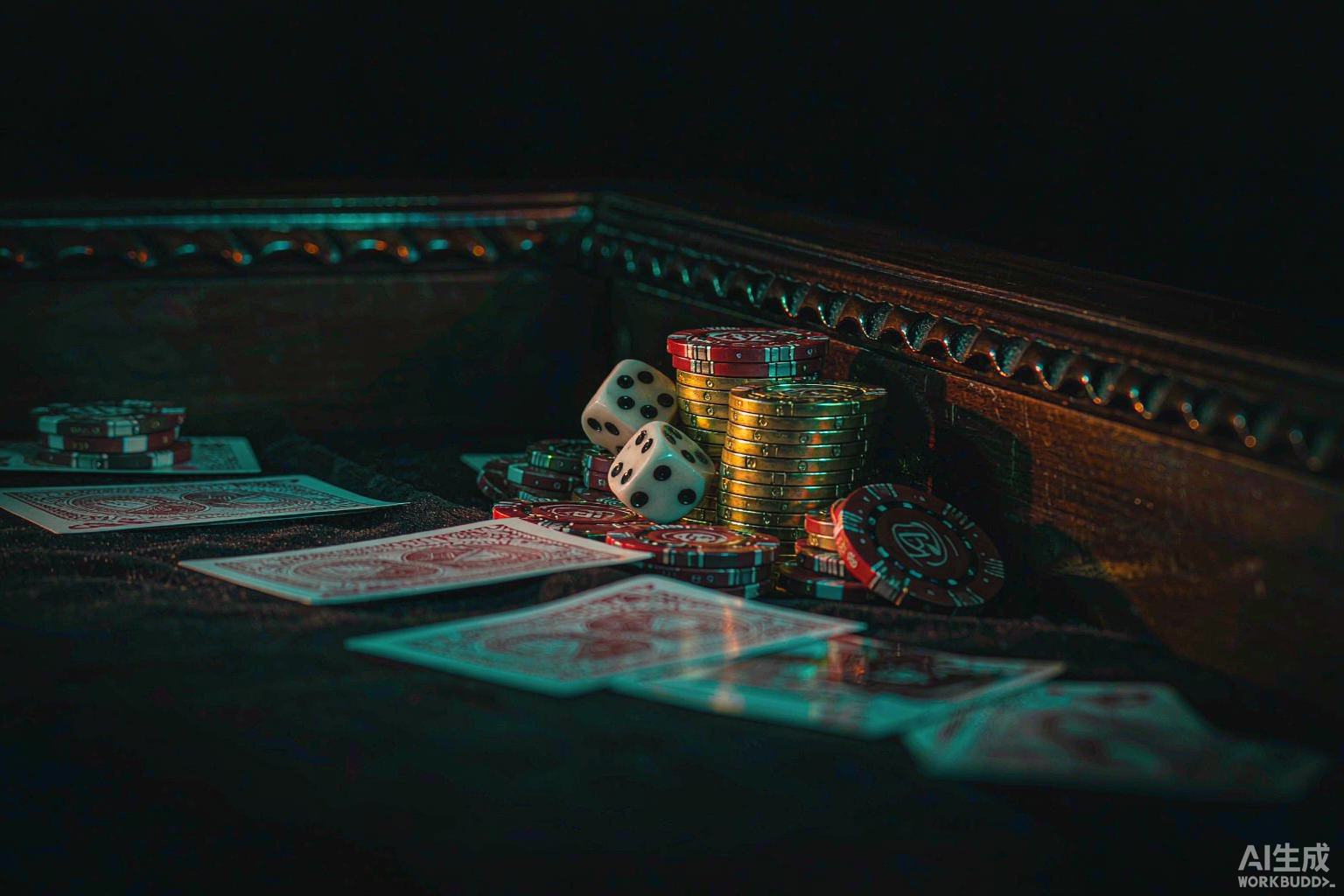 Playing cards, poker chips and dice on a dark casino table
